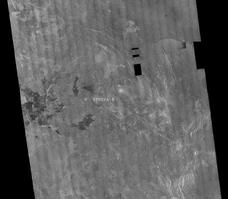  Район падения спускаемого аппарата “Венеры-8” по данным американского радиолокационного аппарата Magellan. Фото NASA 