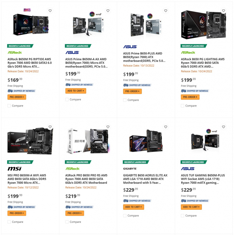  Материнские платы AMD B650 и B650E. Источник изображения здесь и ниже: Newegg 
